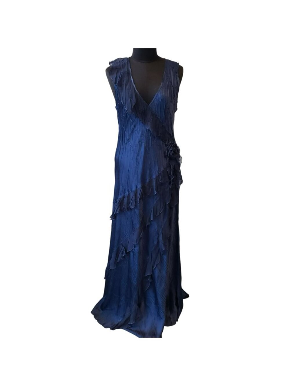 Komarov Blue Sleeveless Maxi Dress Rosette Asymmetrical Ruffles 90s Whimsigoth - Picture 4 of 16